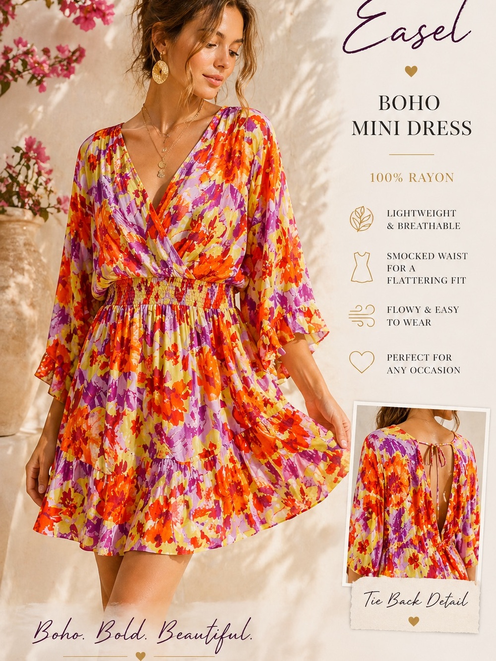 Easel Boho Floral Mini Dress Bright Festival Babydoll Smocked Waist Flowy Rayon